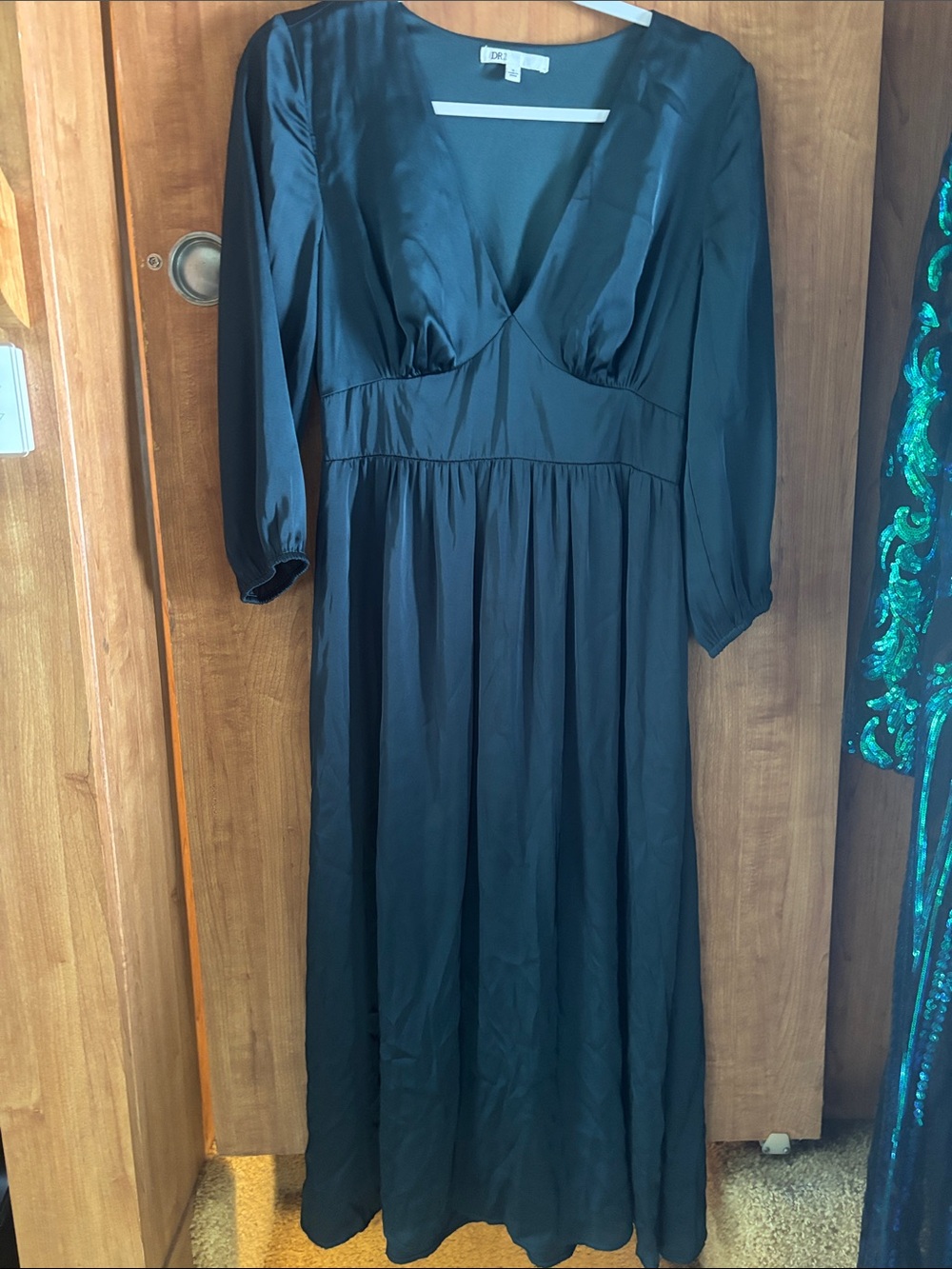 Anthropologie emerald green Satin V-Neck Long Maxi Dress